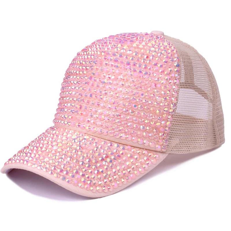 New Colorful Rhinestone Women Baseball Cap Unisex Fashion Personality Hip-hop Sun Hat All-match Pearl Sequins Snapback Mesh Caps