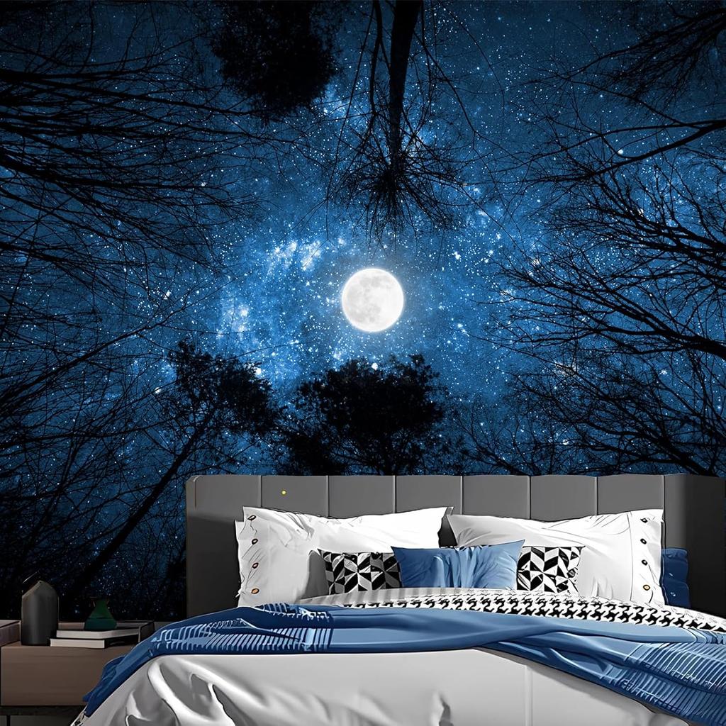 Forest Galaxy Starry Tapestry, Starry Night Sky Moon Stars Ceiling Tapestry Blue Space with Trees Nature Tapestries Wall Hanging for Bedroom Dorm