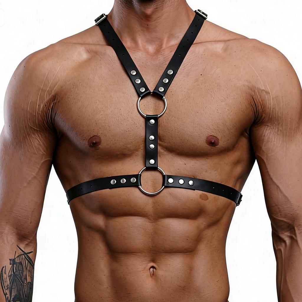 Imbracatura Pettorale da Uomo in Ecopelle | Cintura Regolabile per il Corpo con O-Ring e Borchie Metalliche per Moda Gotica e Punk
