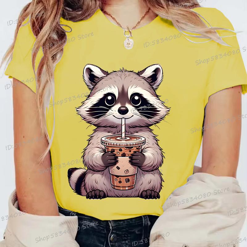 Summer Round Neck 3D Raccoon Pattern Print Top Fashionable Casual Short Sleeved Women's T-shirts