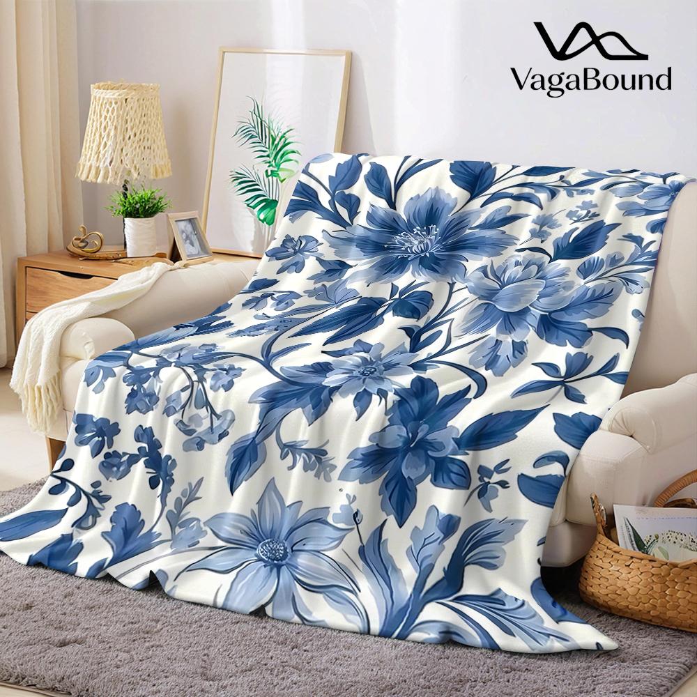 Blue Floral Porcelain - Style Flannel Blanket Warm Soft Halloween Christmas Couch Warm Cozy Decorative Decor Gift for All Season