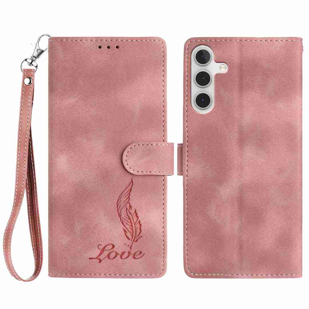 

For Samsung Galaxy A54 5G Case Imprinted Feather PU Leather Wallet Phone Cover with Wrist Strap Pink