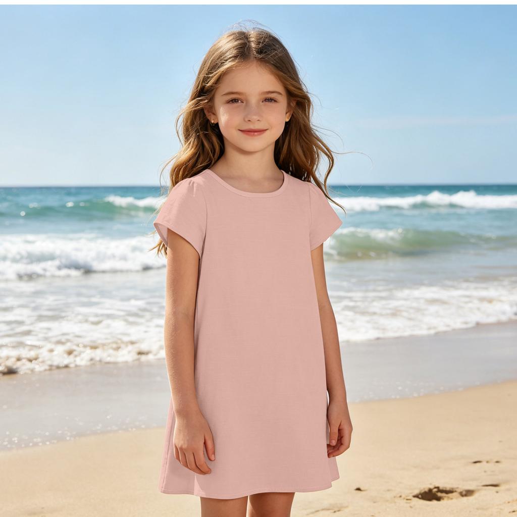 Girls Casual Short Sleeve Dress Lightweight Breathable Summer Dress Made from Cotton Linen Fabric Comfortable Fit Simple Design