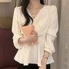Spring Autumn Temperament White V-neck Chiffon Shirt Women Long Sleeve Waist Lace Up Pullover Blouse Top