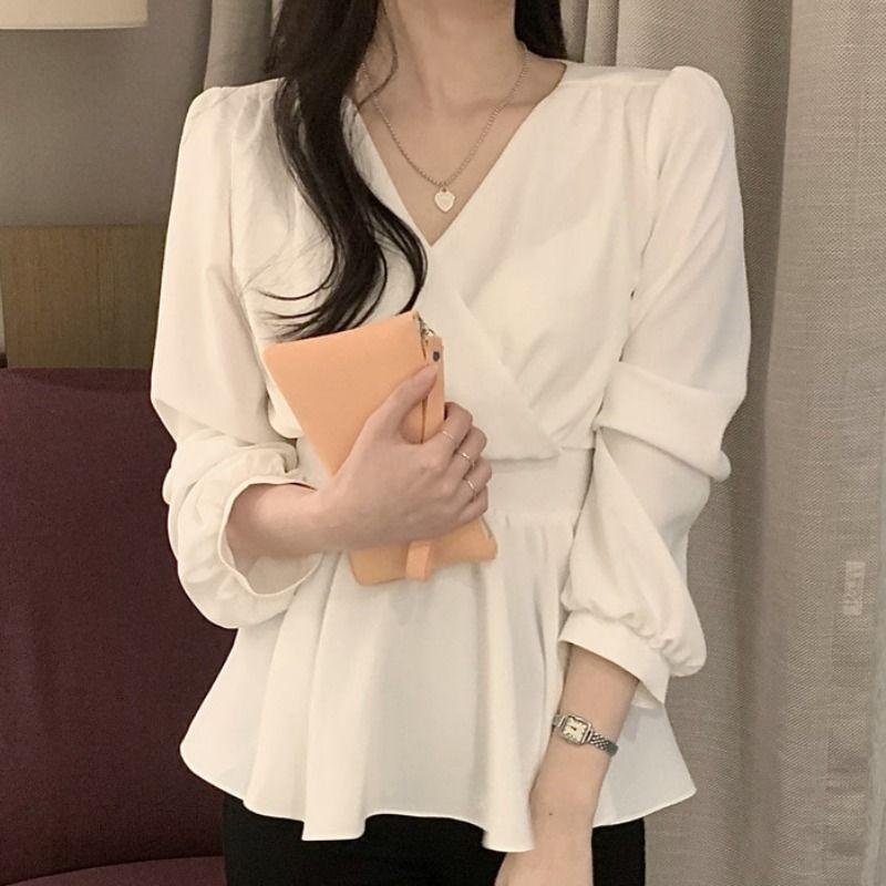 Spring Autumn Temperament White V-neck Chiffon Shirt Women Long Sleeve Waist Lace Up Pullover Blouse Top