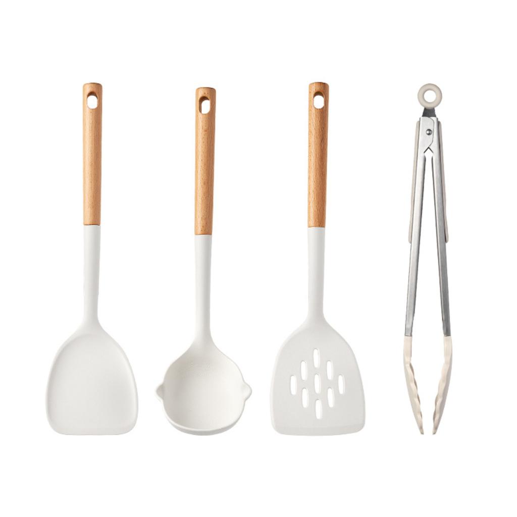 Food Grade Silicone Kitchen Utensils Set Beech Wood Handle Heat Resistant Non-Stick Cookware Spatula Spoon Whisk Tongs