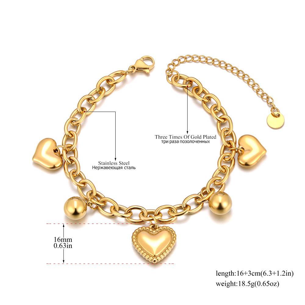 Heart & Round Ball Charm Chain Bracelet 18K Gold Plated Handmade Waterproof Stainless Steel Jewelry for Women