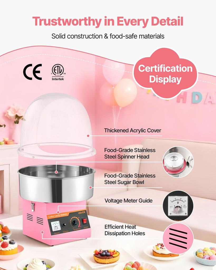 Electric Cotton Candy Machine, 1000W Commercial Floss Maker With Cover, Commercial Cotton Candy Machine w/Stainless Steel Bowl & Sugar Scoop, Ideal