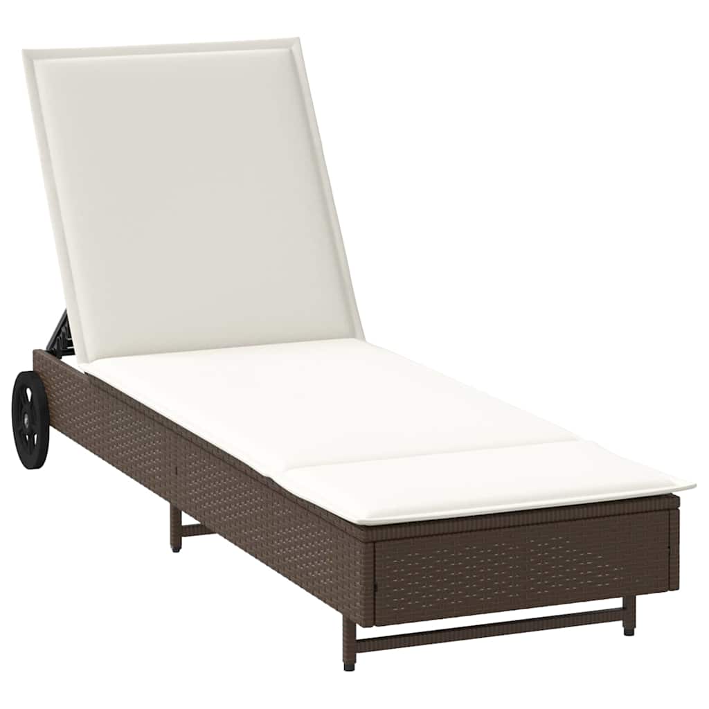 Sun Lounger with Wheels and Cushion Brown Poly Rattan