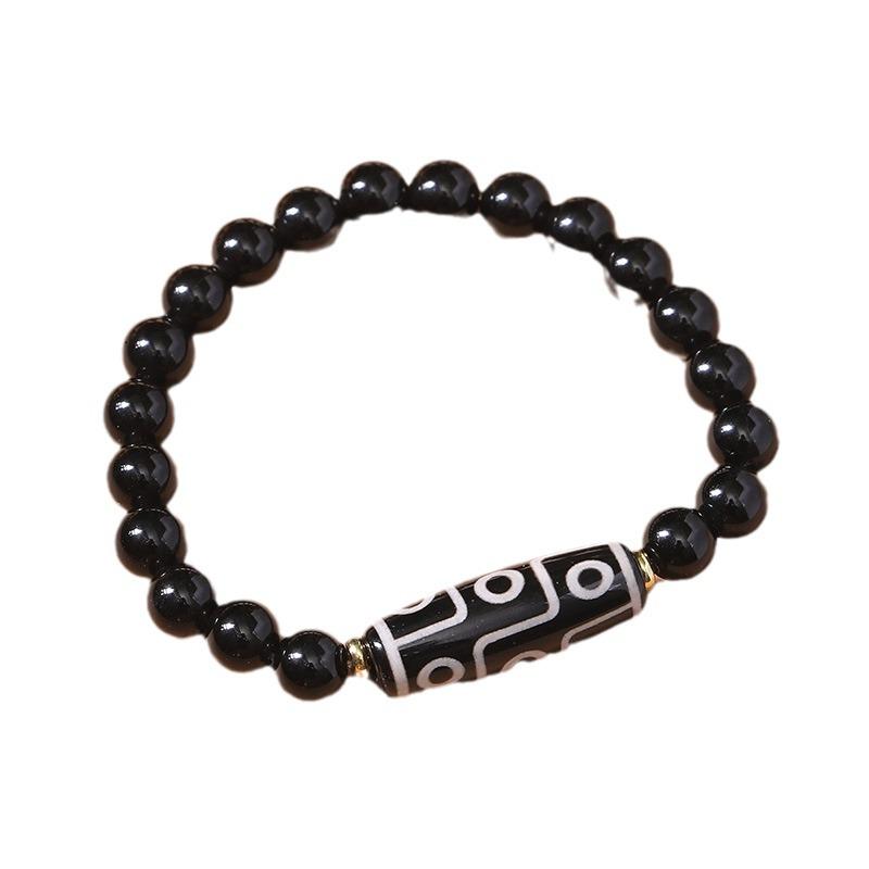Tibetan Style Nine-Eyed Dzi Bead Bracelet with Agate and Black Obsidian