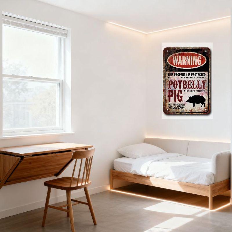 Vintage Potbellied Pig Warning Metal Tin Sign Rustic Weathered Property Protection Sign with Silhouette for Home Cafe Bar Man Ca