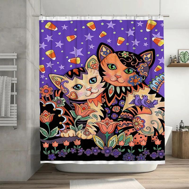 

Multicolored Halloween-Themed Shower Curtain Featuring Adorable Cat Illustrations With Candy Corn Decorations Perfect For A Spoo W60H190(CM)-1 Pcs
