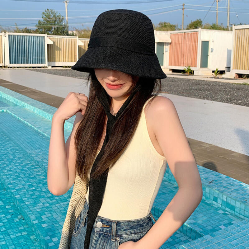 

Bonnie Summer Knit Raffia Ribbon Chin Strap String Bucket Hat Beige