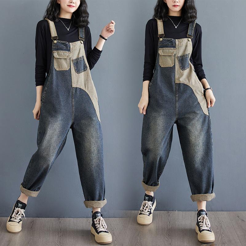 

Suspender Pants Fashion Denim Overalls Women s Spring and Autumn Loose High Waist Contrast Color One-piece Wide-leg Nine-point Pants M темно-синий