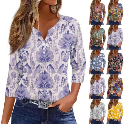 Women's T Shirt Tee Print Button  3/4 SleeveDaily Weekend Fashion Basic V- Neck Regular Top
