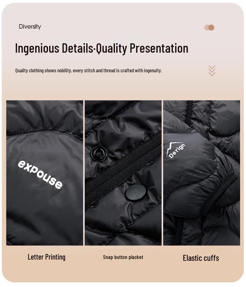 Men's Lightweight V-Neck Down Jacket - Warm, Simple, Thin, Portable, Winter White Duck Down