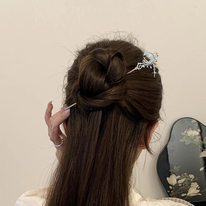 Romantic Moonstone Star Moon Hair Stick Metal Branch Hairpin Hair Fork Chinese Style Accessories for Girls Jewelry