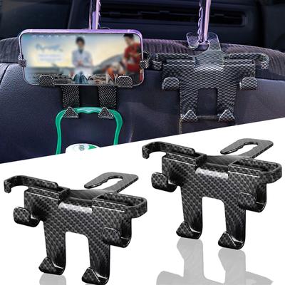 2 In 1 Car Seat Headrest Hook Carbon Fiber Mobile Phone Holder Car Vehicle Holder Handbag Purse Coat Car Interior Accessories