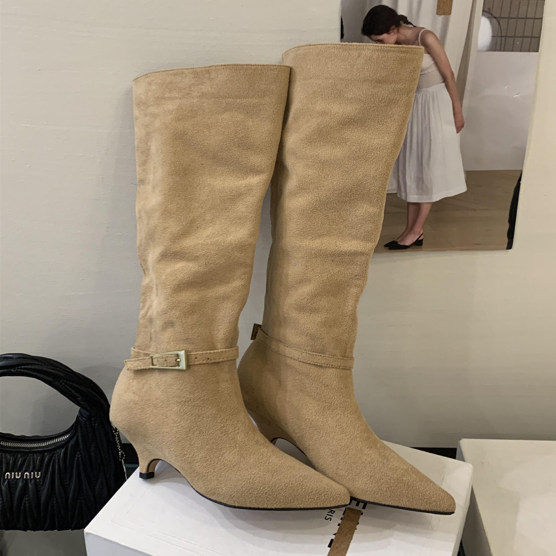 

Mi Ting niche design shows thin pointed toe small heel boots removable belt buckle and knee boots French temperament knight boots 39 хаки