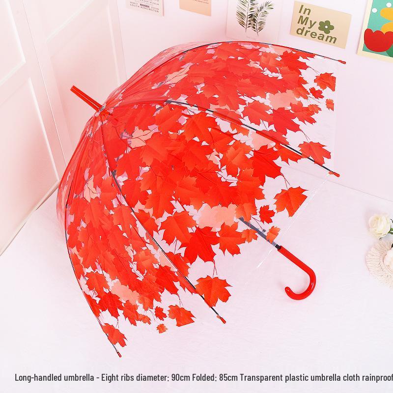 Japanese Forest Style Transparent Cherry Blossom Umbrella with Arched Long Handle for Students