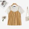 ZANZEA Women Summer Casual Fake Two Piece Patchwork Short Sleeve T-Shirts