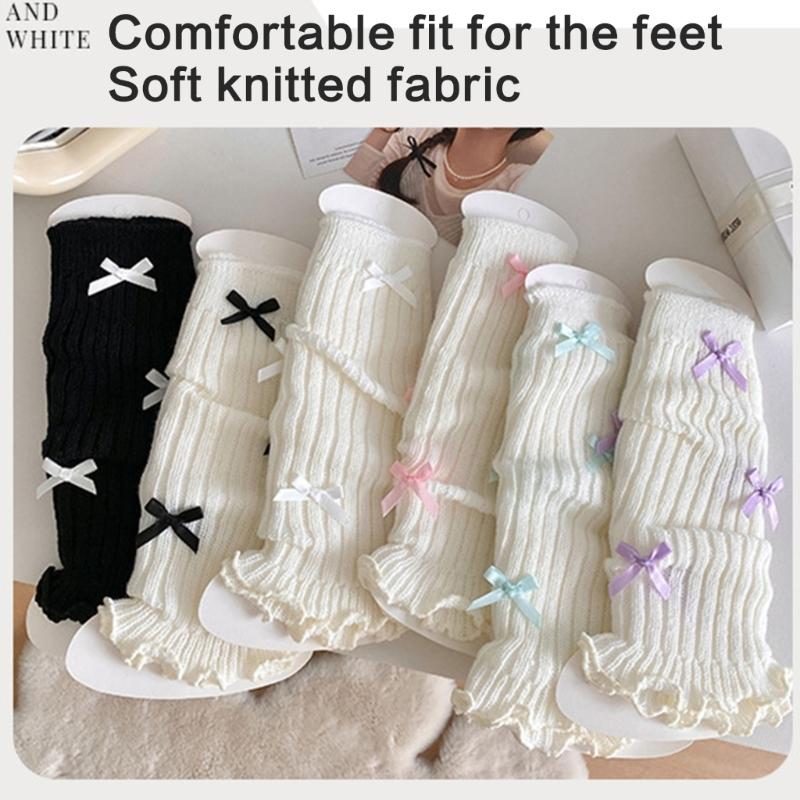 Sweet Girls Leg Warmers Women Ribbed Knit Striped Foot Cover Elegant Bowknot Ruffled Trim Boot Cuffs Footless Calf Socks