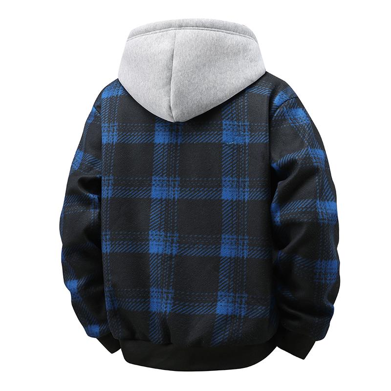 Loose Fit Hooded and Plush Thick Plaid Sports and Leisure Outdoor Men's Jacket