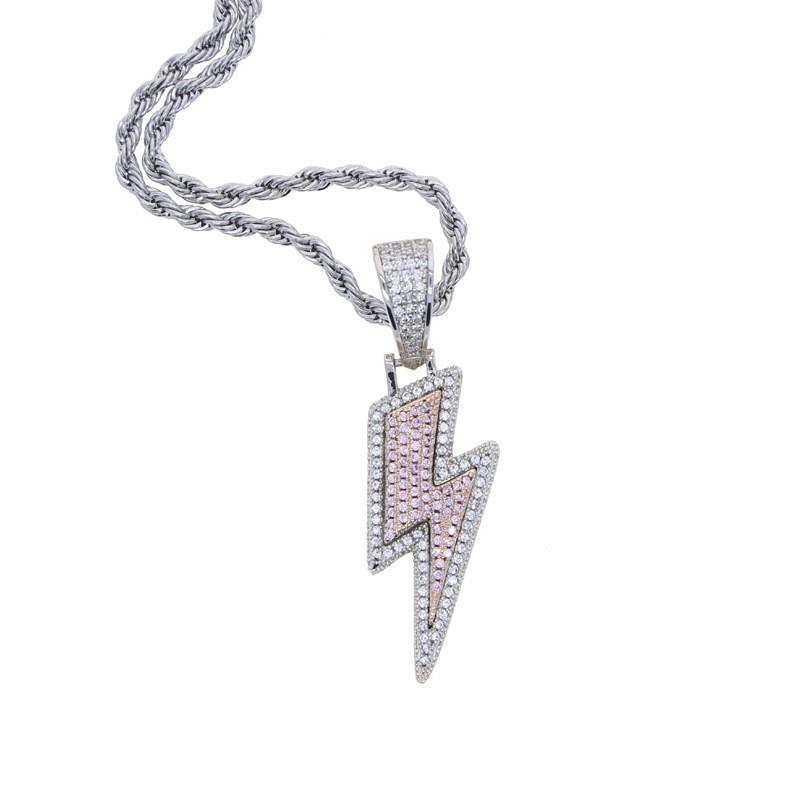 Hip Hop Lightning Pendant Necklace With Zirconia Accents Copper Chain Dual Tone Gold Platinum 60cm Geometric Jewelry