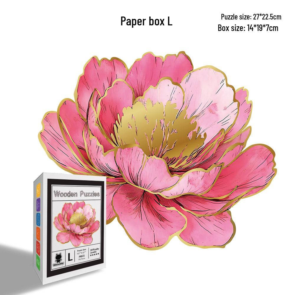 Wacocetoy Handmade High-Difficulty Pink Peony Irregular-Shaped Wooden Puzzle for Adults