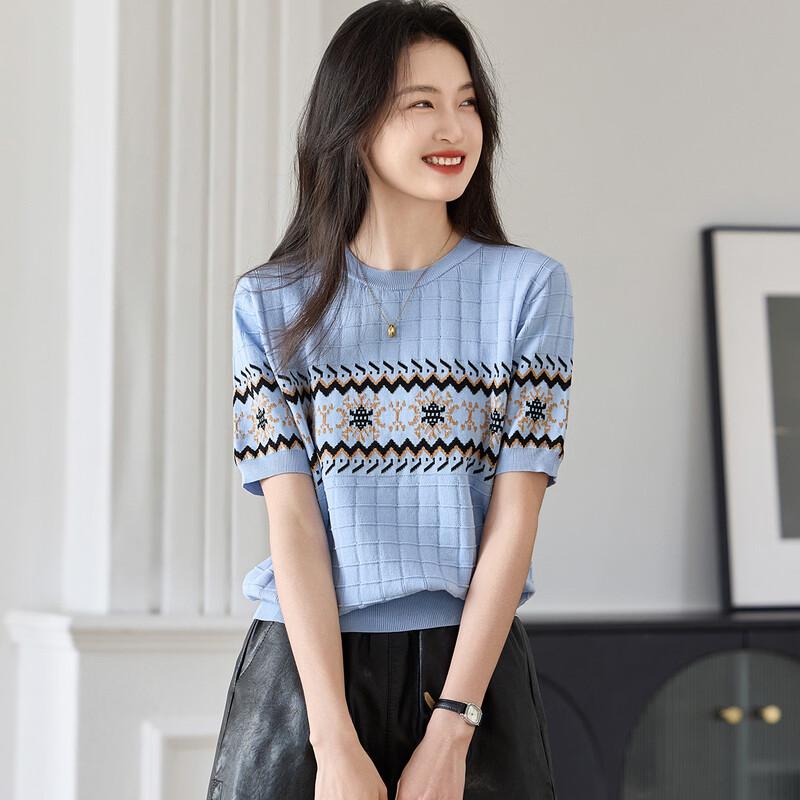 

Srcr Women s Silk Blend Jacquard Knit Short Sleeve Top M