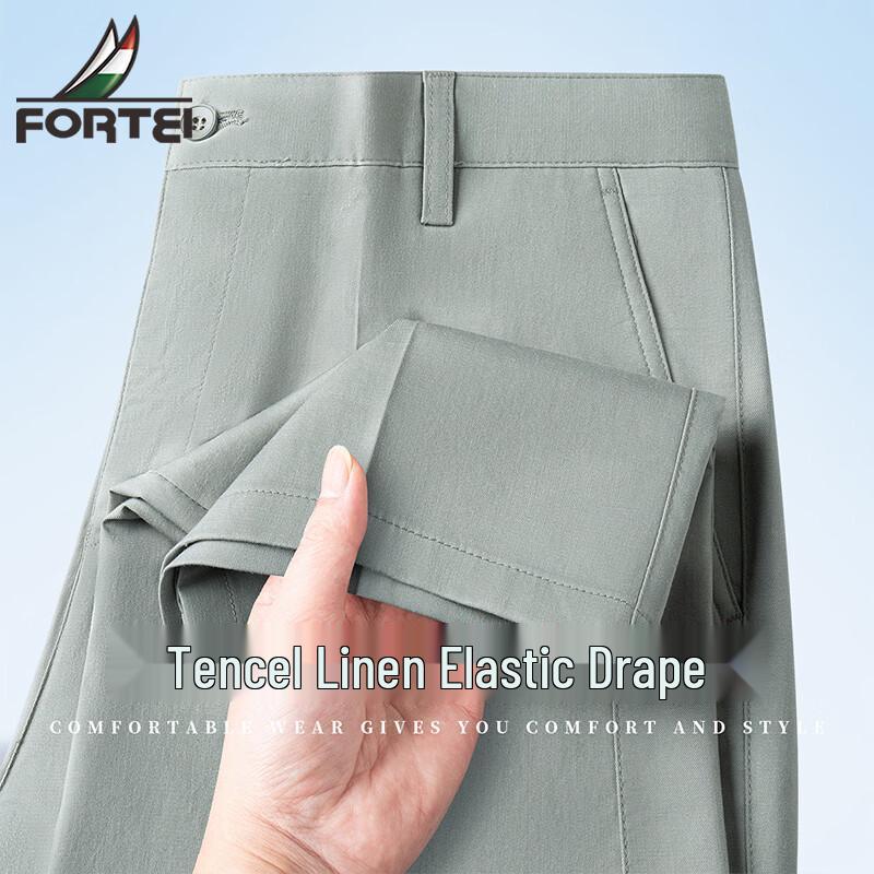 

Futing Men s Tencel Linen Stretch Straight Leg Business Casual Pants 32