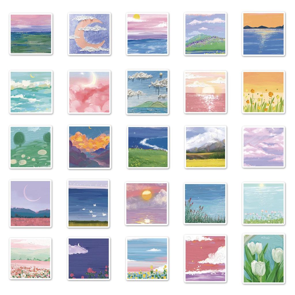 50-Piece Landscape Oil Painting Stickers: Outdoor Scenery DIY Art for Milk Tea Cups & Notebooks