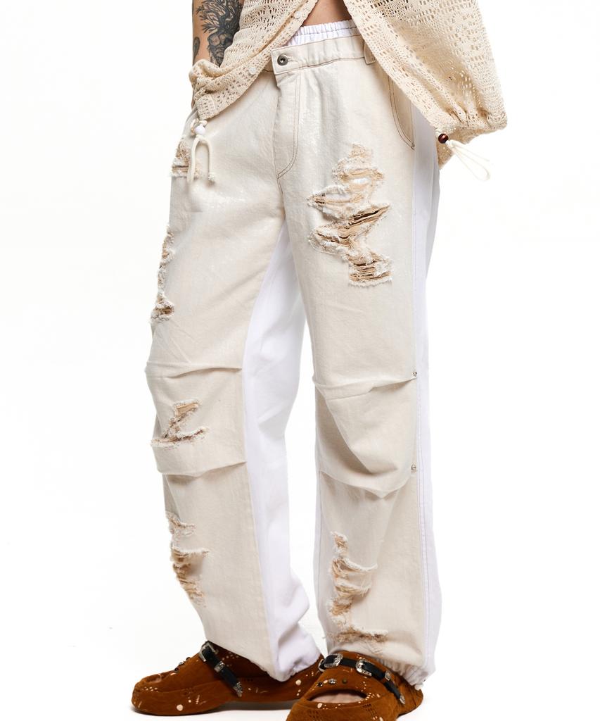 Aleseuseussi Layerd Destroyed Denim Pants - Ivory/White
