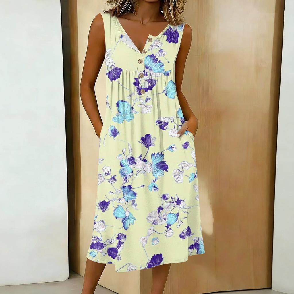 Women's Casual Sleeveless Button-down Mid-length Dress