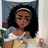 Curly-Haired Girl in Anime Style Portrait Patterned Tapestry Decorative Wall Hanging, Home Bedroom Living Room Decor