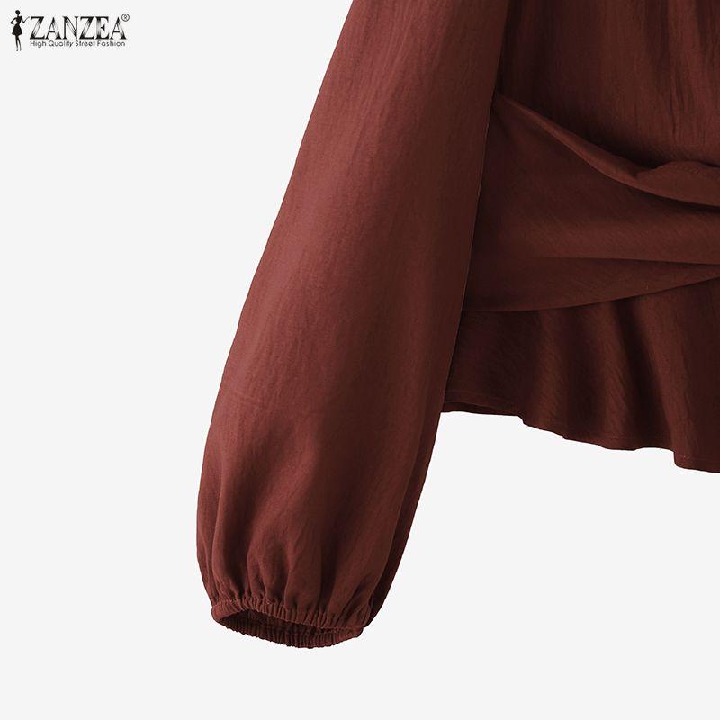 ZANZEA Blusa Casual Larga de Manga Larga Lisa con Cuello en V para Mujer