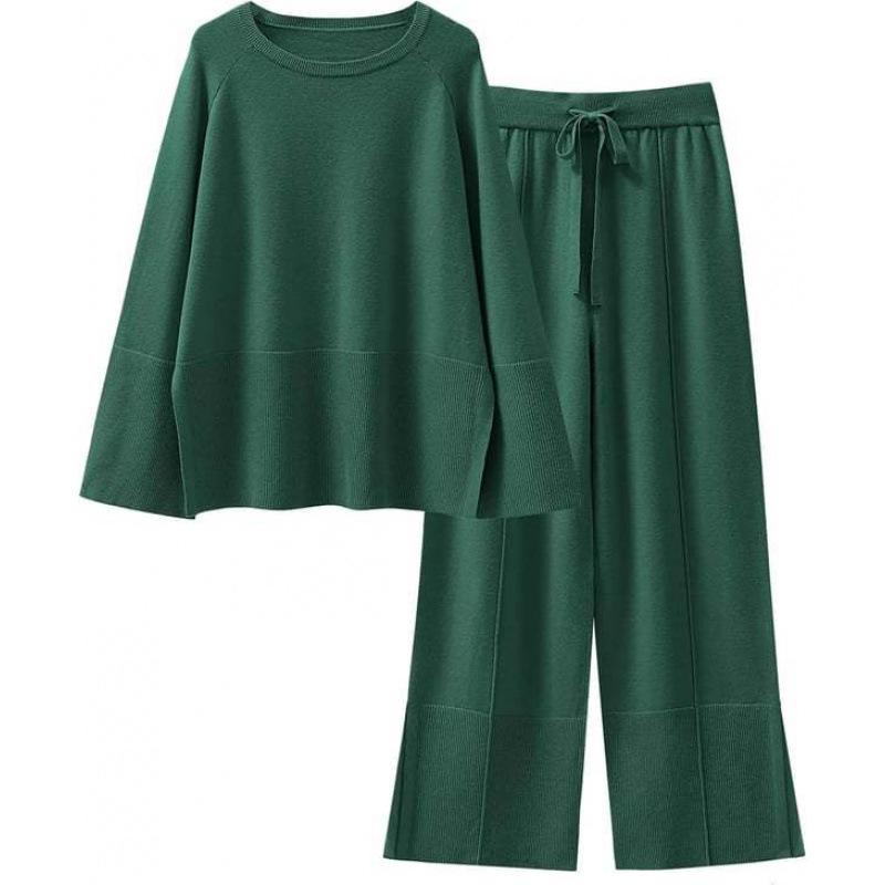 Autumn/Winter 2025 Bell Sleeve Knit Set - European/American Fashion, Round Neck, Slit Details