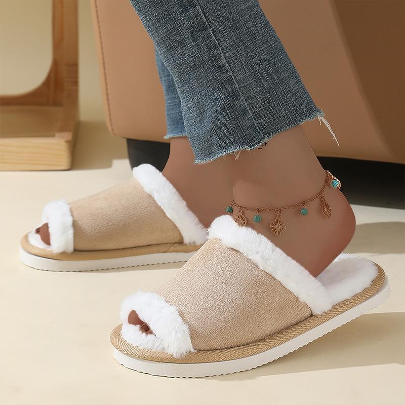 Suede Cotton Slippers for Women, Soft-soled Thickened Indoor Slippers for Autumn and Winter, Couple Open Cotton Slippers for Winter