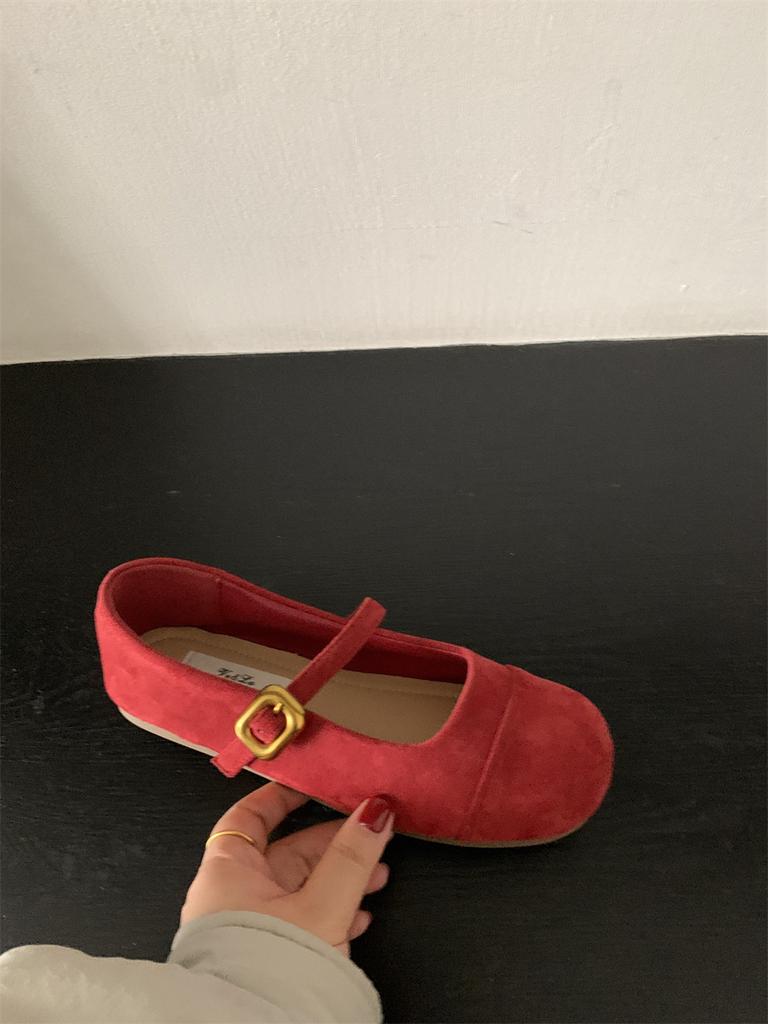 Světle červené jednoduché boty dámské jarní a podzimní nové francouzské retro jemné semišové boty Mary Jane s plochou čepicí