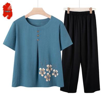 Elderly Women's Summer Cotton Silk Short-Sleeve Pant Set