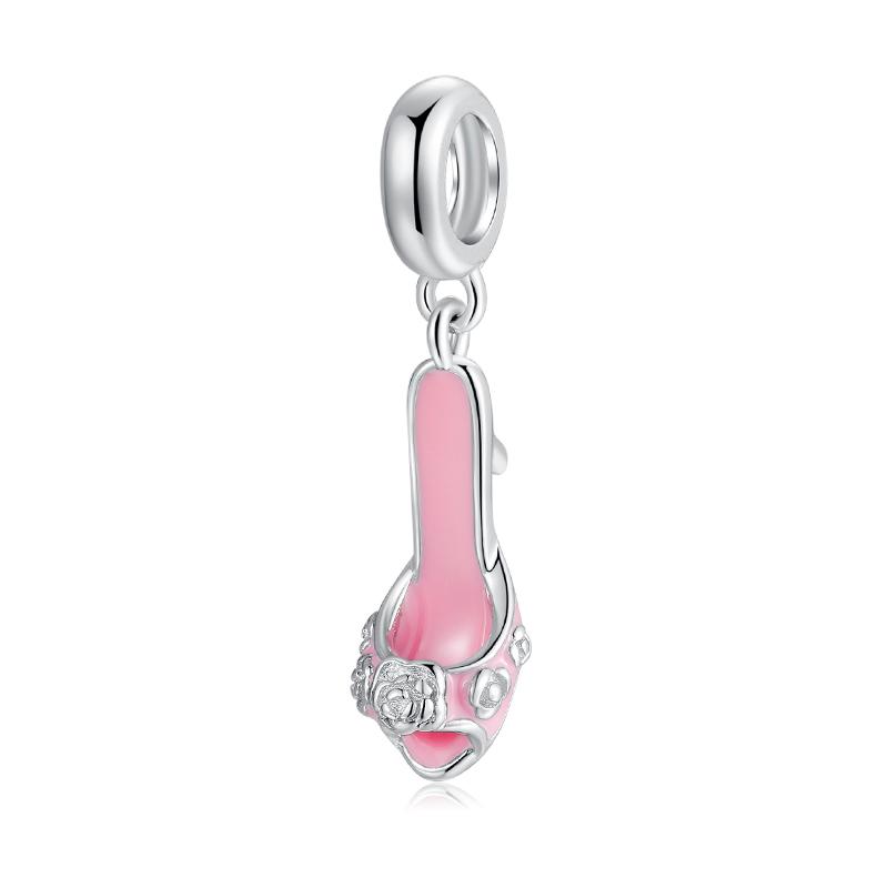 Real 925 Sterling Silver Pretty Dance Shoe Enamel Pink Pendants Fit Bracelet Beads Fashion Jewelry Accessories Wholesale Jewelry