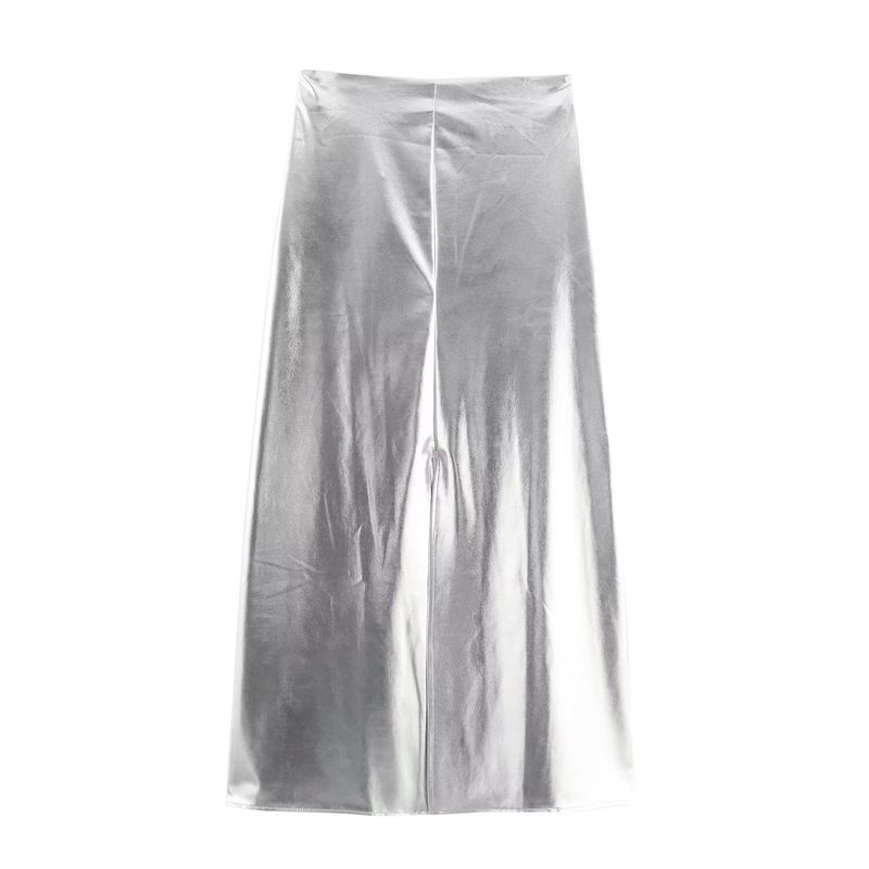 

Kaslead New Arrival Women s Fashion Style Stylish Simple and Versatile Elegant Bronzing Half-Length Midi Dress Silver L