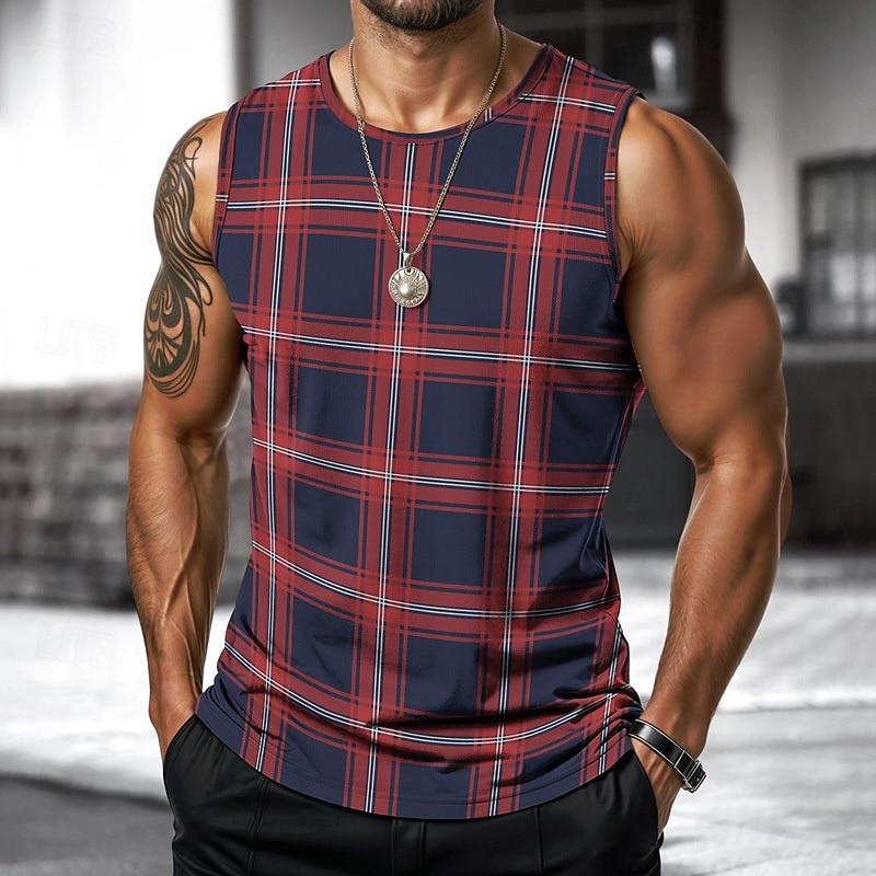 

Retro men s vest 3D printed checkered striped pattern sleeveless shirt round neck loose streetwear summer fashion casual vest 5XL