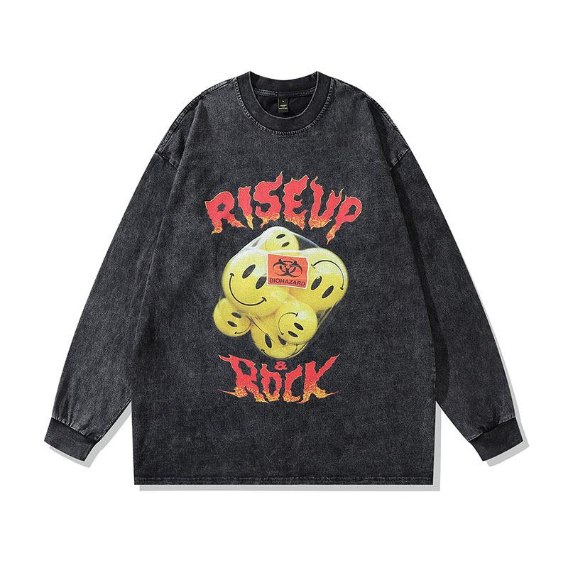 American Retro Printed Long-Sleeved T-Shirt Ins High Street Trendy Brand Washed Old Men'S Oversize Bottoming Top