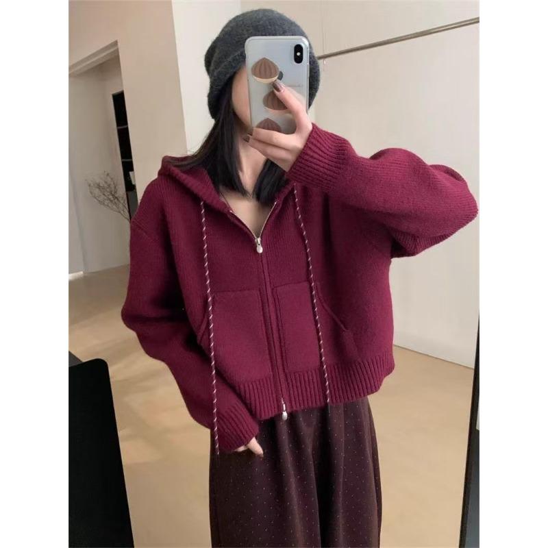 New Short Casual Pocket Design Double Zipper Long Sleeve Drawstring Hooded Knitted Cardigan Top Women