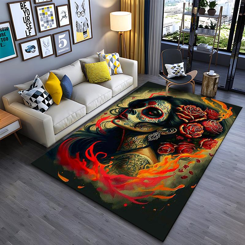Day of the Dead Woman with Roses - Non-slip rug suitable for living room and bedroom sofas.