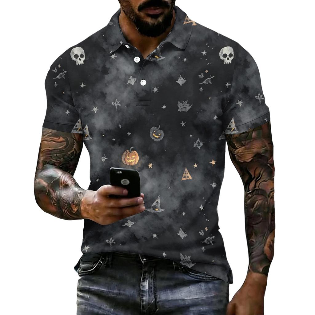 Men's Halloween Printed Short Sleeve Polo Shirt Loose Fit Casual Summer Daily Wear Button Down Collar Top