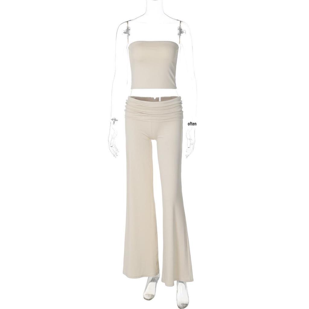 Women's Spring 2025 Solid Strapless Top and Flared Pants Slimming Fashion Set
