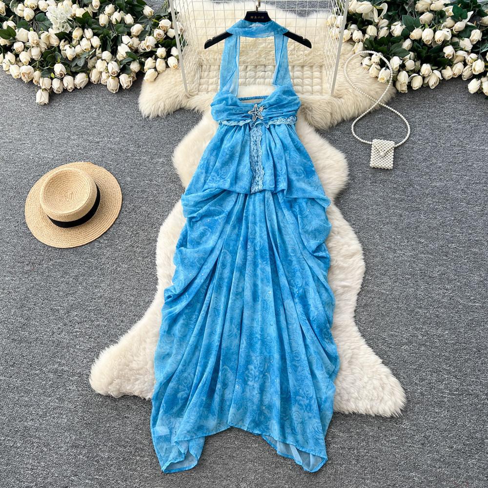 Holiday style blue neck halter dress women's summer high waist A word long dress temperament commuting irregular large skirt