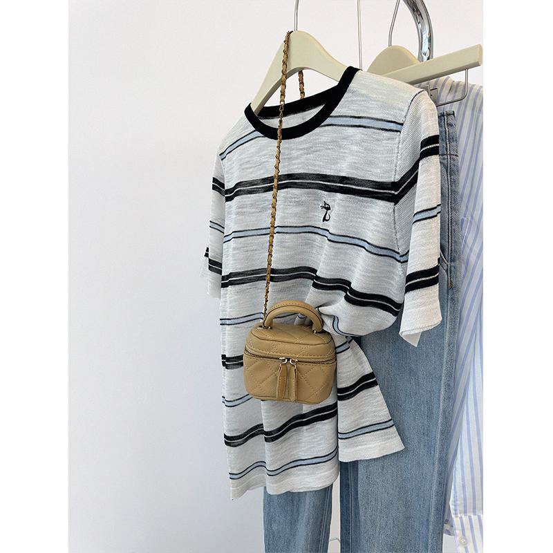 

Women s Khaki Striped Shoulder Ice Silk Embroidered Short Sleeve Color Block Knit Top Medium белый